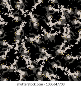 Urban UFO camouflage of various shades of grey, black and yellow colors. It is a colorful seamless pattern that can be used as a camo print for clothing and background and backdrop or wallpaper