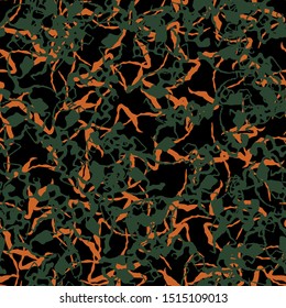 Urban UFO camouflage of various shades of black, orange and green colors. It is a colorful seamless pattern that can be used as a camo print for clothing and background and backdrop or wallpaper