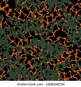 Urban UFO camouflage of various shades of black, orange and green colors. It is a colorful seamless pattern that can be used as a camo print for clothing and background and backdrop or wallpaper