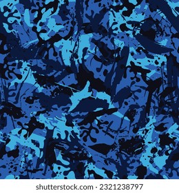 Urban ultramarine camouflage, modern fashion design. Camo military protective. Army uniform. Grunge pattern. Blue sea shade color, fashionable, fabric. Vector seamless texture.