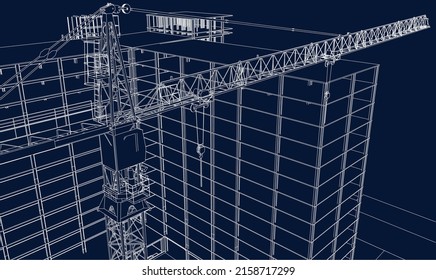 urban under construction building with tower crane, architecture 3D illustration line sketch blueprint