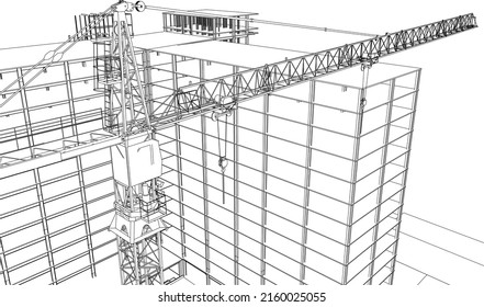 edificio urbano en construcción con grúa de torre, esbozo de línea de ilustración 3D de arquitectura