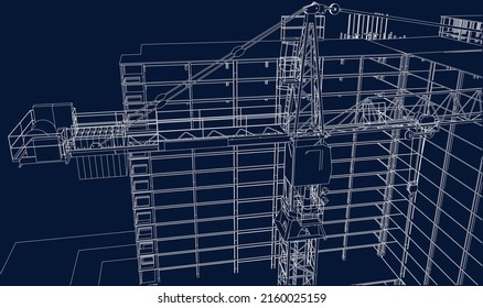 Urban Under Construction Site Building With Tower Crane 3D Illustration Line Blueprint