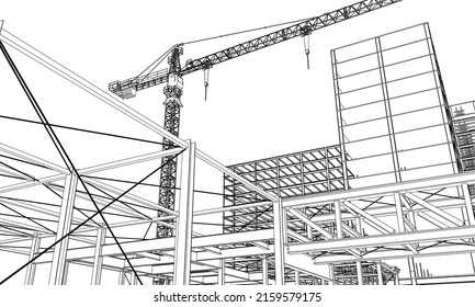 urban under construction site engineering with tower crane 3D illustration line sketch