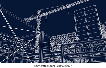 urban under construction site engineering with tower crane 3D illustration line sketch blueprint