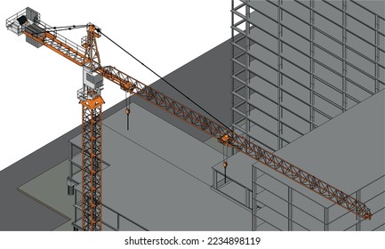 ingeniería urbana en el lugar de construcción con grúa en torre y estructura de cuadro color de esbozo de ilustración 3D isométrica