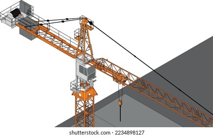 urban under construction site engineering with tower crane isometric 3D illustration line sketch colour