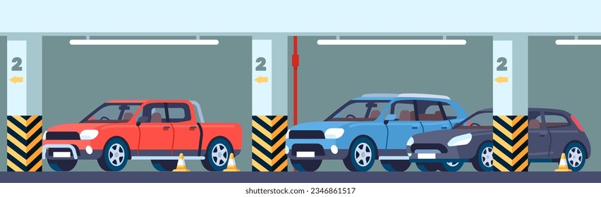 Urban underground parking garage with markings. Signs and parked cars. Automobiles stopped in building basement. Carpark floor and walls with columns. City transportation