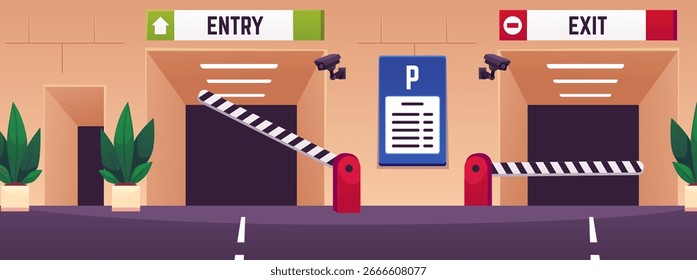 Estacionamento subterrâneo urbano vetor interior ilustração plana. Portão de entrada e saída com barreira automática para garagem para automóveis, transporte no porão da construção