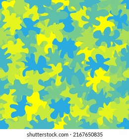 Urban uniform camouflage seamless pattern background vector illustration. Ukrainian clothing style masking camo repeat print. Ukraine flag colors halftones texture.