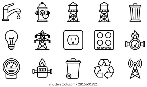 Urban utilities and public infrastructure line icons with utilities, electricity
