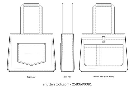 Urban Utility Tote Bag Technical Fashion Illustration. Multi-Compartment Carryall with Reinforced Handles. Front and Inner Pockets. Everyday Functional Handbag. Versatile and Durable. CAD Mockup Set.