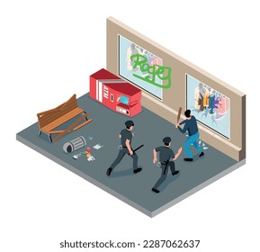 Urban vandalism scene isolated object with police officers detaining hooligan breaking glass showcase isometric vector illustration