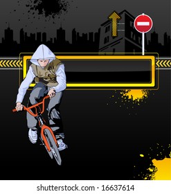 Urban vector background with bicycle and a man