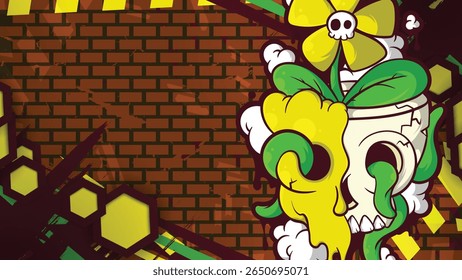  Urban vector background with grunge and graffiti aesthetics, featuring fluid skulls merging with flowers and plant elements over a dynamic brick texture, eps 10, editable.
