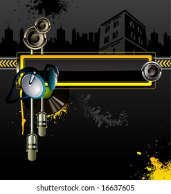 Urban vector background with headphones, microphone and loudspeaker