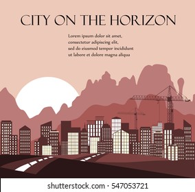Urban vector background. Road to city. Mountains on the horizon