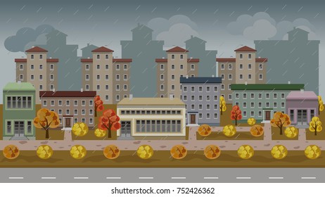Urban vector cartoon cityscape with set of residential houses and buildings in atmospheric autumn rainy landscape. Colorful trees, modern houses, rain, road and walks. Flat  style, vector illustration