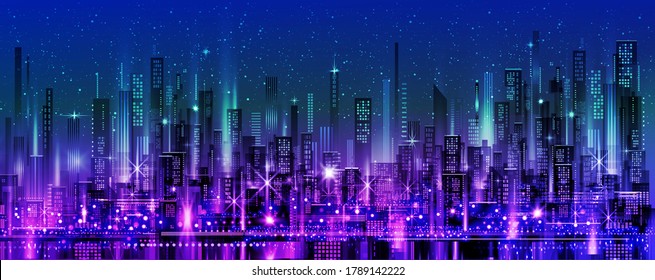 Paisaje urbano vectorial por la noche. Siluetas de la ciudad de Skyline. Fondo de la ciudad con arquitectura, rascacielos, megápolis, edificios, centro.