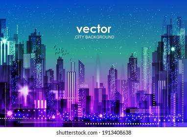 Urban Vector Cityscape At Night. Skyline City Silhouettes. City Background With Architecture, Skyscrapers, Megapolis, Buildings, Downtown.