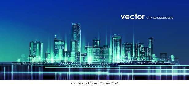 Urban vector cityscape at night. Skyline city silhouettes. City background with architecture, skyscrapers, megapolis, buildings, downtown