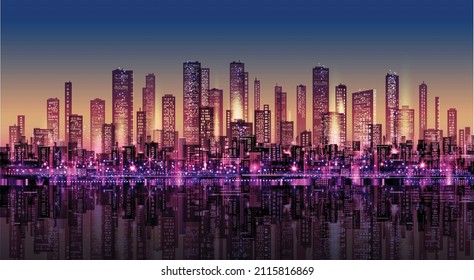 Urban vector cityscape at night. Skyline city silhouettes. City background with architecture, skyscrapers, megapolis, buildings, downtown.