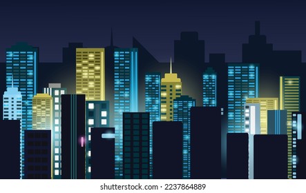 Paisaje urbano vectorial por la noche. Silueta de la ciudad de Skyline. Fondo urbano con arquitectura, rascacielos, megápolis, edificios, centro y con luces brillantes.