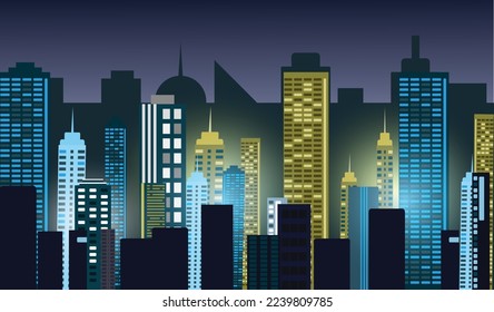 Urban vector cityscape at night. Skyline city silhouette. City background with architecture, skyscrapers, megapolis, buildings, downtown and with bright lights.