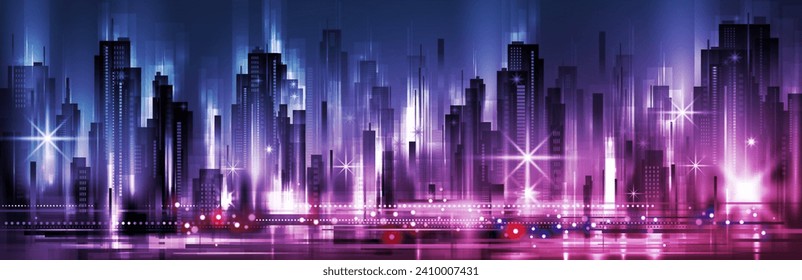 Paisaje urbano vectorial por la noche. Siluetas de la ciudad de Skyline. Fondo de la ciudad con arquitectura, rascacielos, megápolis, edificios, centro.