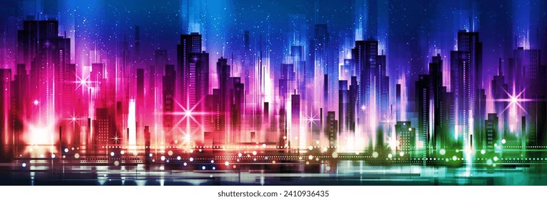 Urban vector cityscape at night. Skyline city silhouettes. City background with architecture, skyscrapers, megapolis, buildings, downtown.