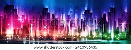 Urban vector cityscape at night. Skyline city silhouettes. City background with architecture, skyscrapers, megapolis, buildings, downtown.