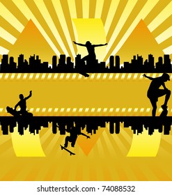 Urban vector composition with city skyline an skater silhouettes