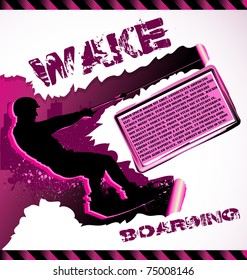 Urban vector composition with city skyline and wakeboarder silhouette