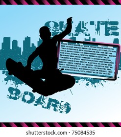 Urban vector composition with city skyline and skateboarder silhouette