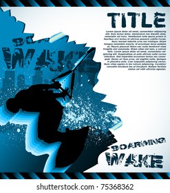 Urban vector composition with city skyline and wakeboarder silhouette