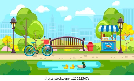 Urban vector design of colorful city park with bench and pond on urban background