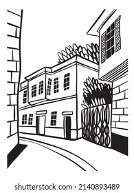 Urban vector illustration. ink illustration. Architecture sketh. Abstract line art city. siple Architecture postcard