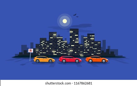 Urban vector illustration of night city skyscrapes skyline office building with modern cars parking along the town street in cartoon style. Vehicles parked wrong road with no parking sign. 