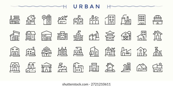 Conjunto de iconos de línea de Vector Urbana. Conjunto de iconos Urbanas. Símbolo de línea y signo. Contiene símbolos para construir, ciudades, transporte, ciudad, transporte, ciudad. Trazo editable. colección de Vector.