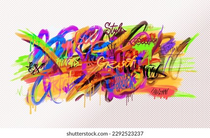 Urban vector typography street art graffiti. Slogan print with spray effect for graphic tee t shirt, fabric design, gift paper, baby clothes, textiles, cards. Graffiti street art tags vector pattern.