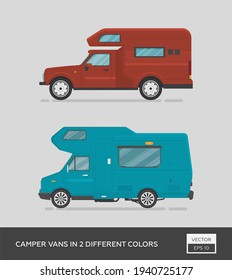 Urban vehicle. Camper vans in 2 different colors. Cartoon flat illustration, auto for graphic and web design.