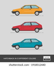 Urban vehicle. Hatchback in 3 different colors. Cartoon flat illustration, auto for graphic and web design.