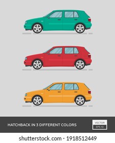 Urban vehicle. Hatchback in 3 different colors. Cartoon flat illustration, auto for graphic and web design.