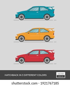 Vehículo urbano. Hatchback en 3 colores diferentes. Ilustración plana de dibujos animados, auto para diseño gráfico y web.