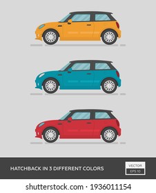 Urban vehicle. Hatchback in 3 different colors. Cartoon flat illustration, auto for graphic and web design.