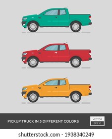 Urban vehicle. Pickup truck in 3 different colors. Cartoon flat illustration, auto for graphic and web design.