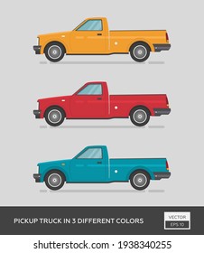 Urban vehicle. Pickup truck in 3 different colors. Cartoon flat illustration, auto for graphic and web design.