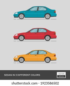 Urban vehicle. Sedan in 3 different colors. Cartoon flat illustration, auto for graphic and web design.