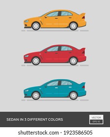 Urban vehicle. Sedan in 3 different colors. Cartoon flat illustration, auto for graphic and web design.