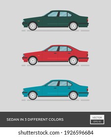 Urban vehicle. Sedan in 3 different colors. Cartoon flat illustration, auto for graphic and web design.